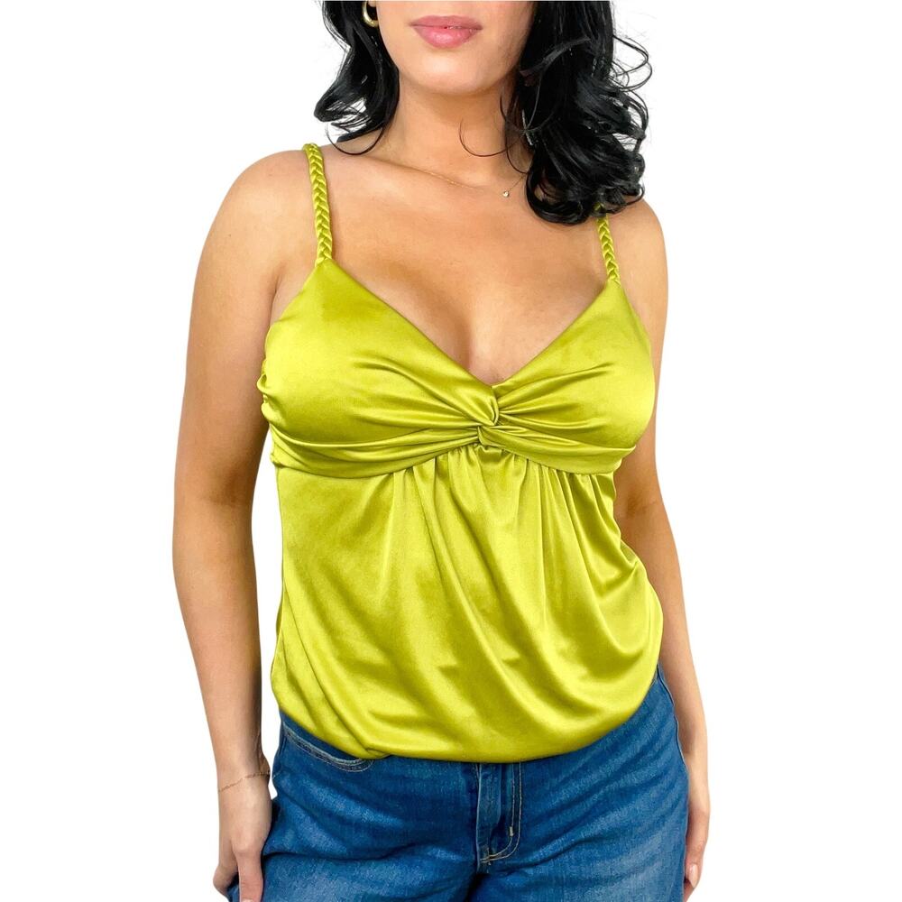 Y2k Iz Byer Lime Green Satin V-Neck Babydoll Tank Top Braided Straps Size Medium
